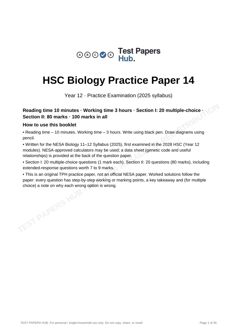 Cover page of HSC Biology Practice Paper 14