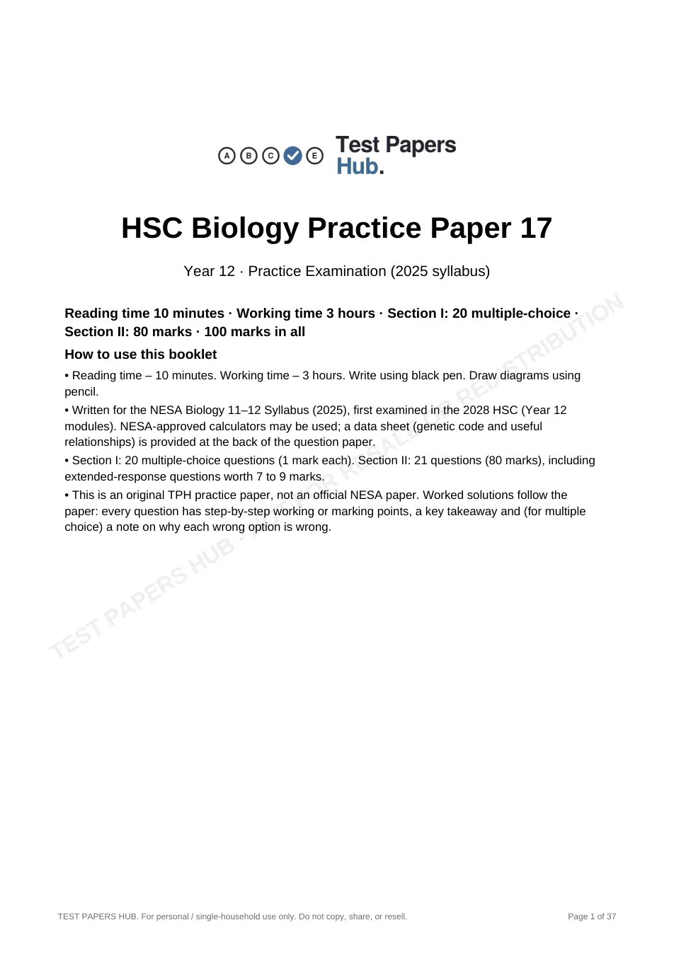 Cover page of HSC Biology Practice Paper 17