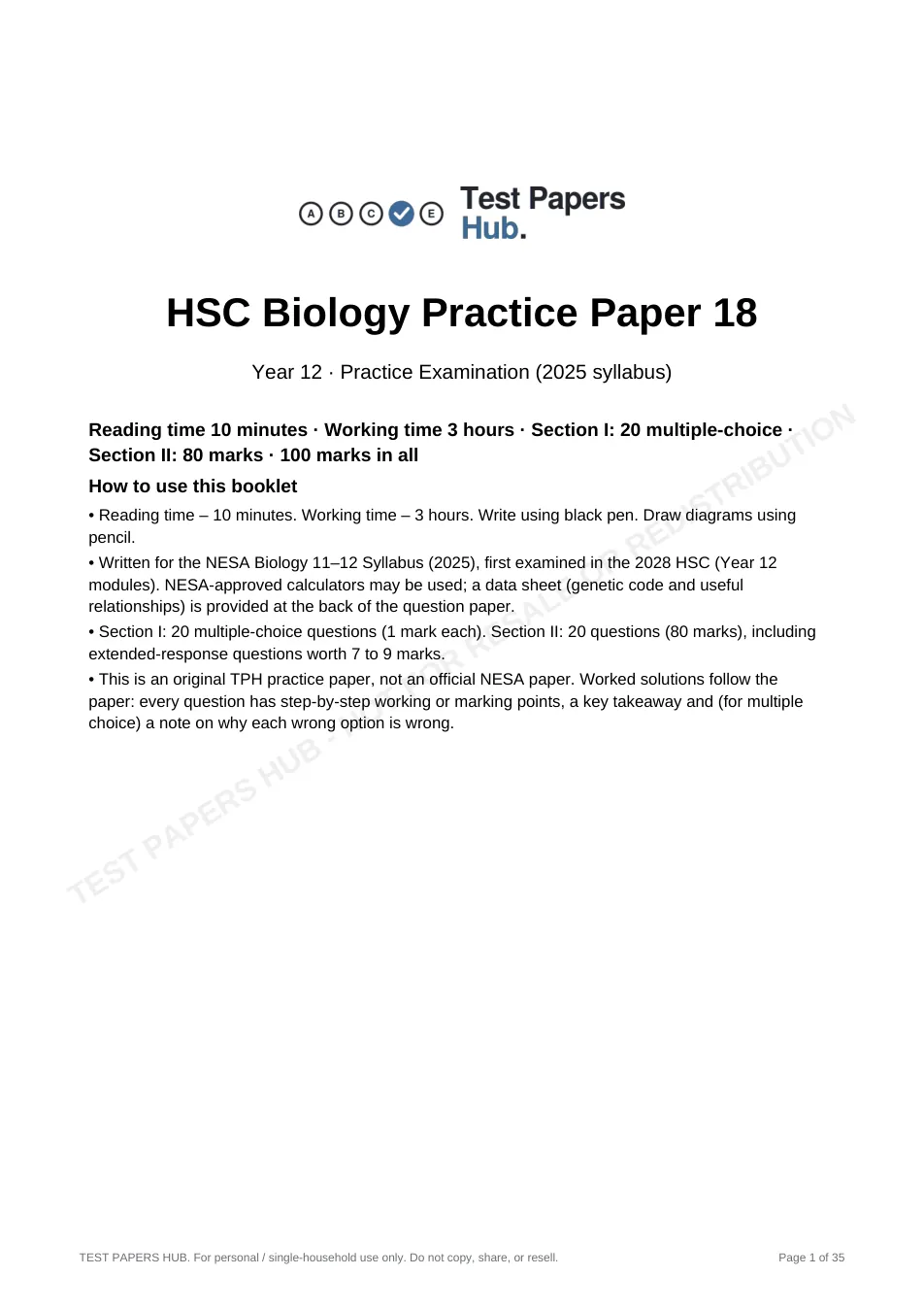 Cover page of HSC Biology Practice Paper 18