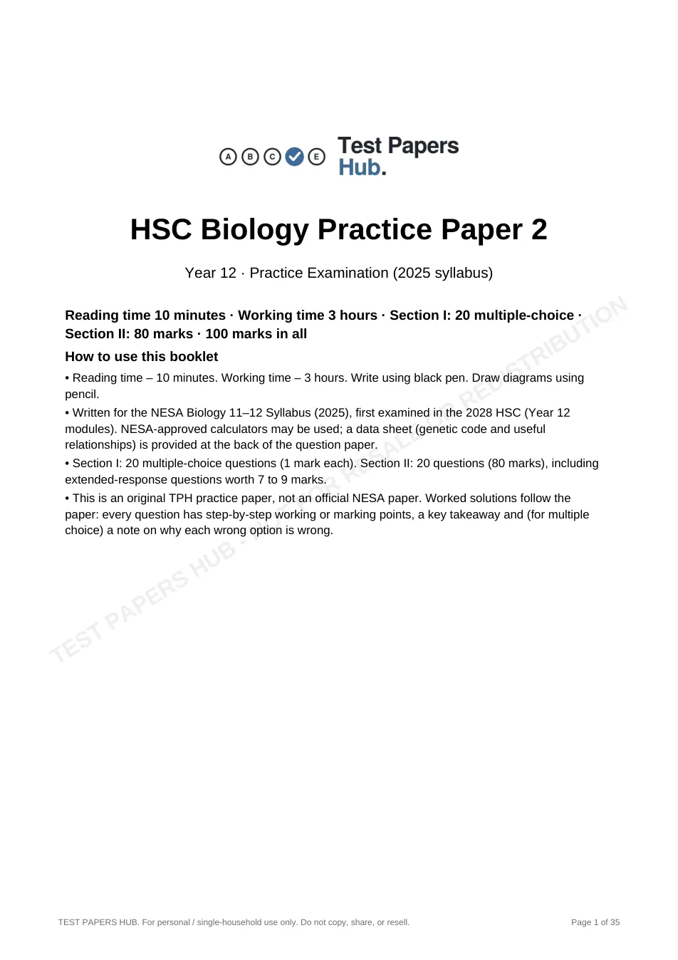 Cover page of HSC Biology Practice Paper 2
