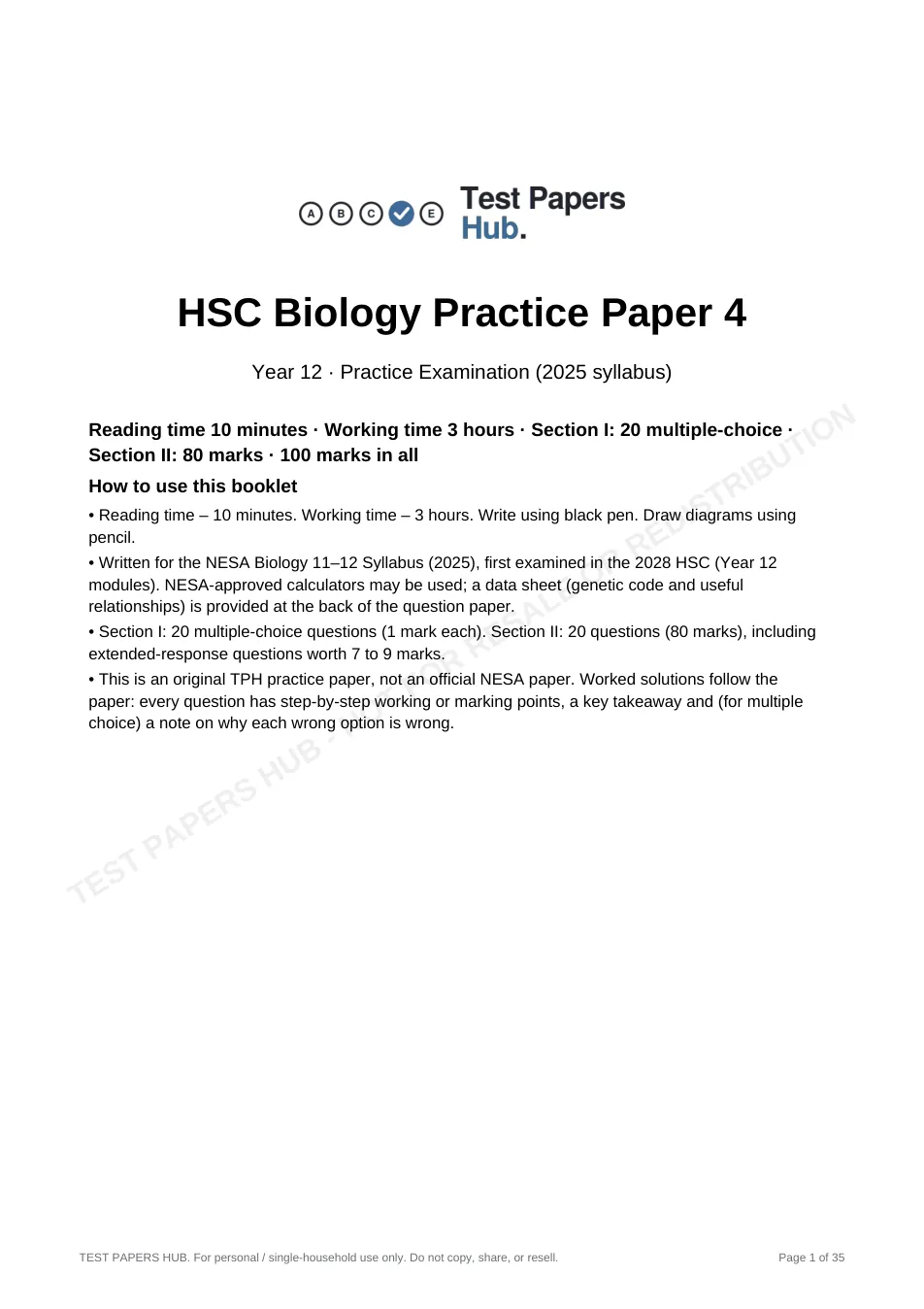 Cover page of HSC Biology Practice Paper 4