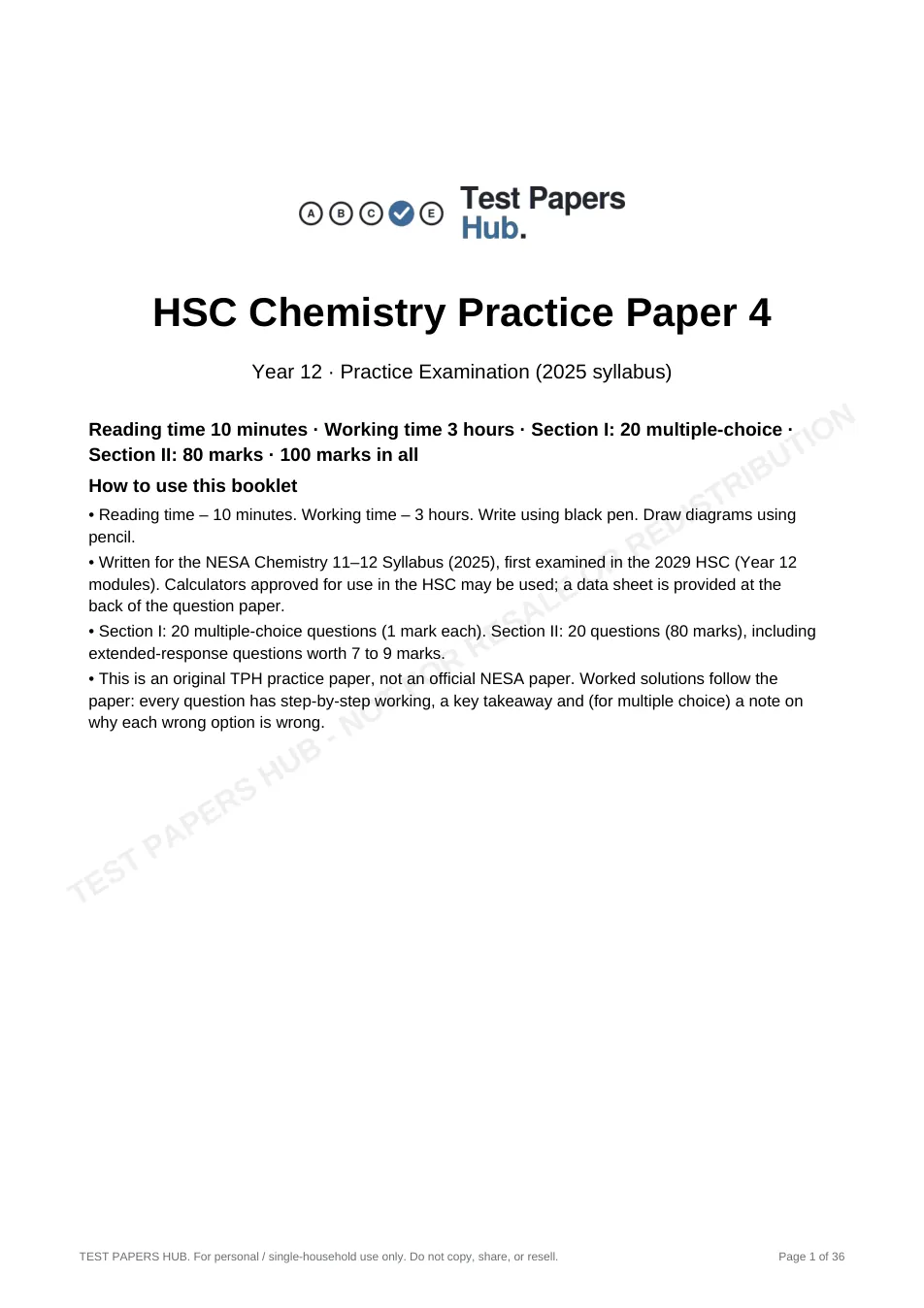 Cover page of HSC Chemistry Practice Paper 4