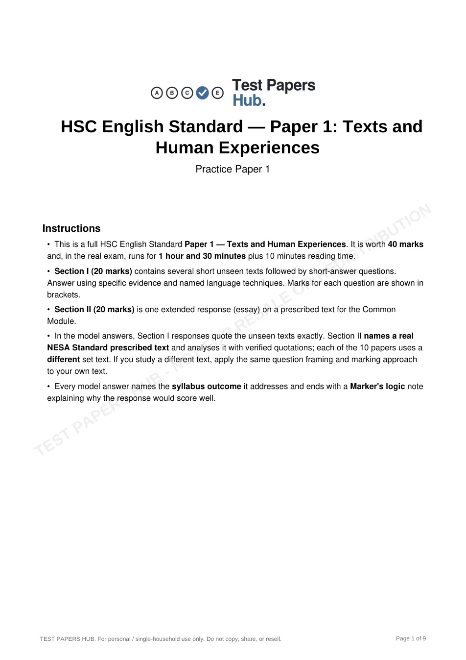 Cover page of HSC English Standard 1 Practice Paper 1