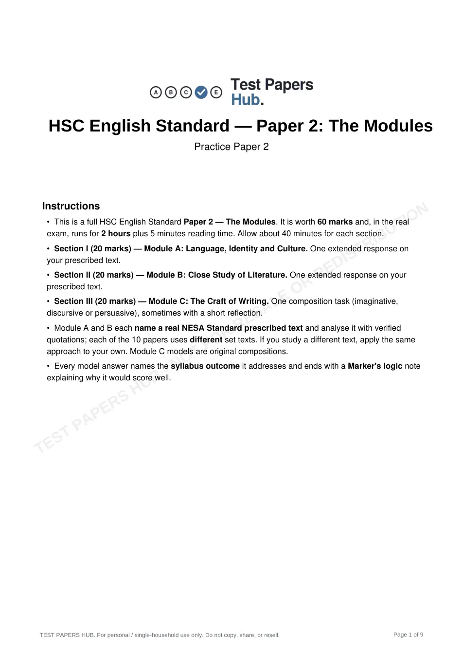 Cover page of HSC English Standard 2 Practice Paper 2