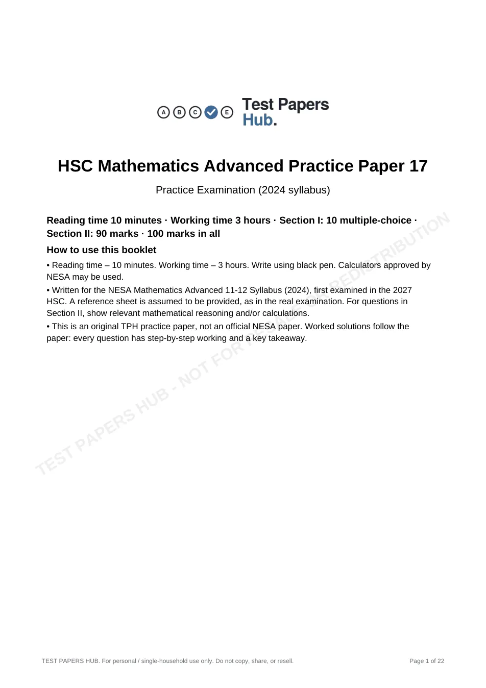 Cover page of HSC Maths Advanced Practice Paper 17