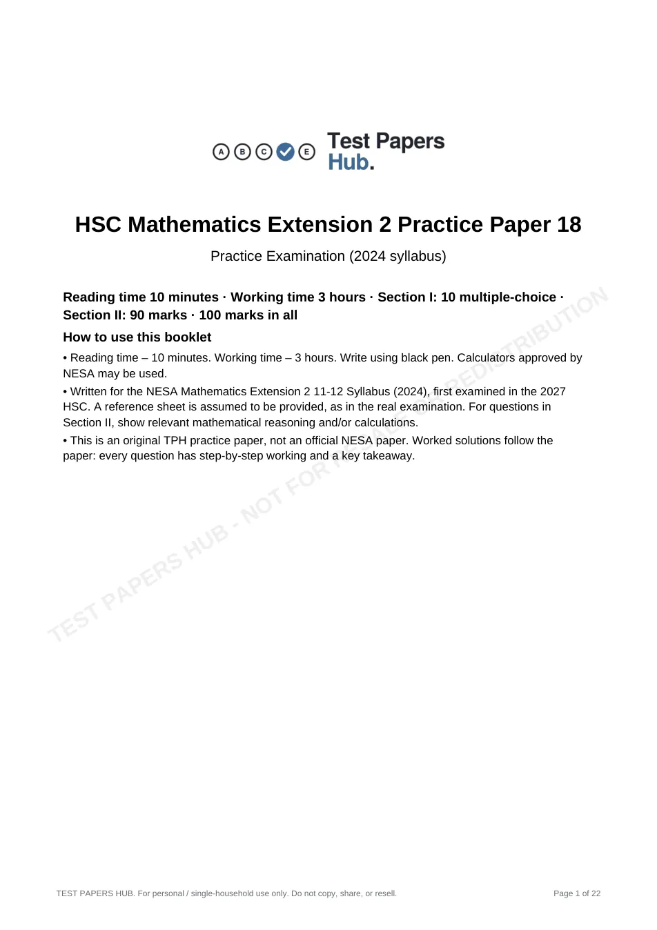 Cover page of HSC Maths Extension 2 Practice Paper 18