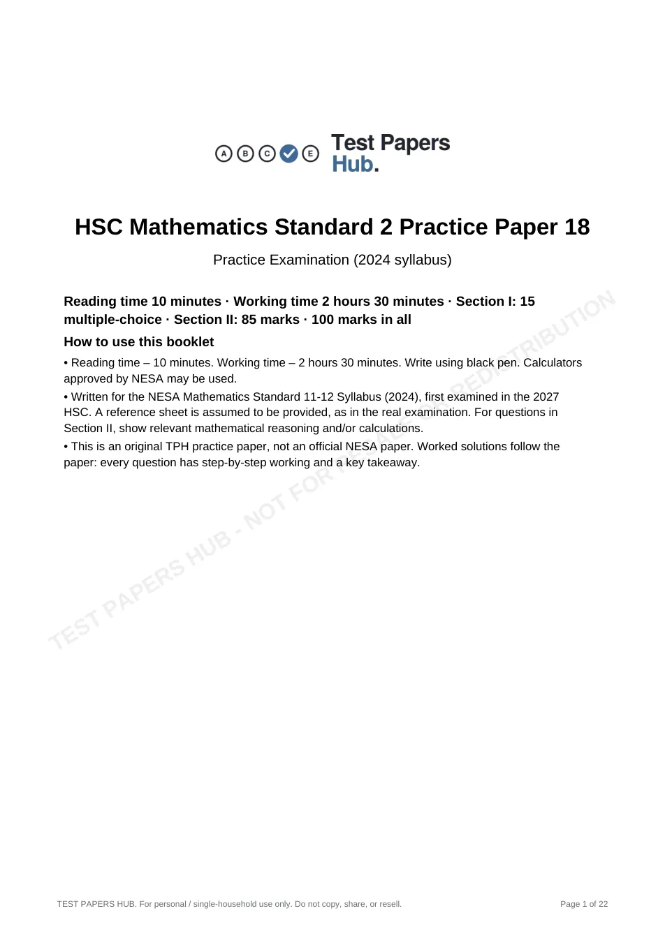 Cover page of HSC Maths Standard 2 Practice Paper 18