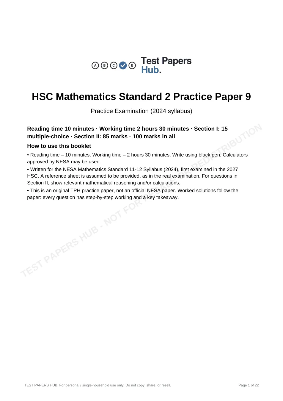 Cover page of HSC Maths Standard 2 Practice Paper 9