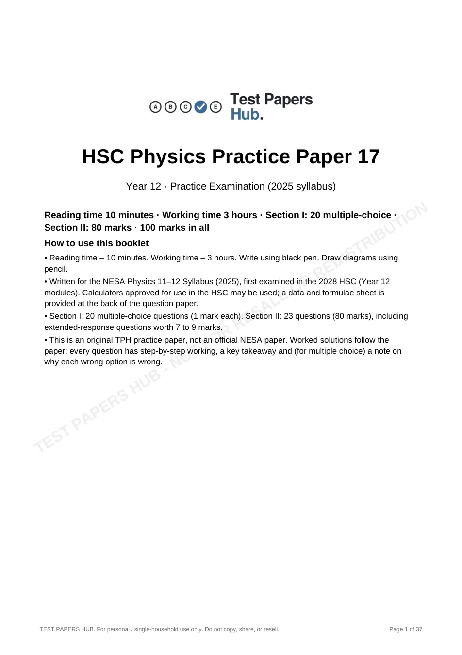 Cover page of HSC Physics Practice Paper 17