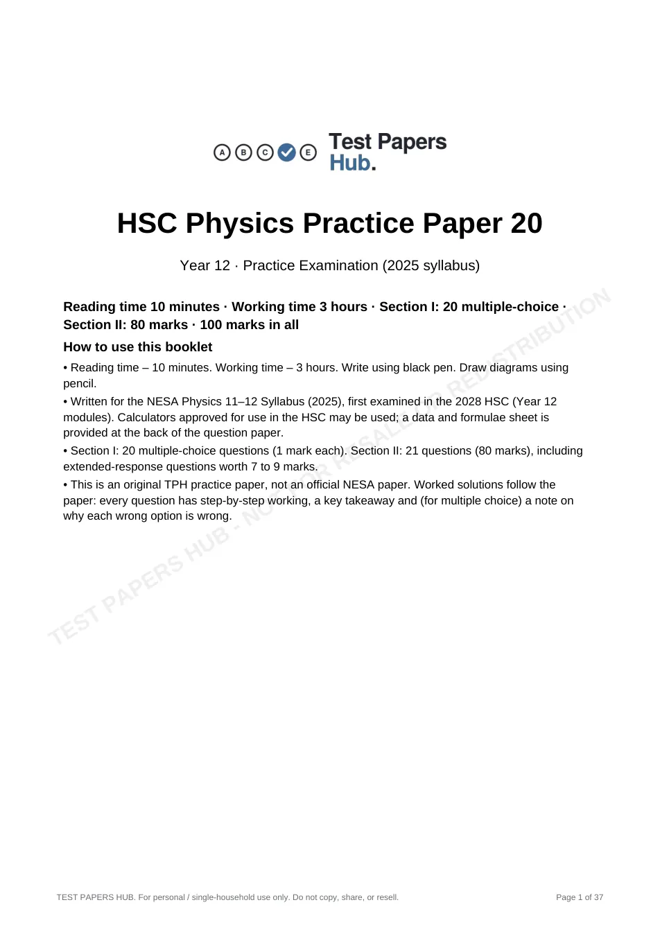 Cover page of HSC Physics Practice Paper 20