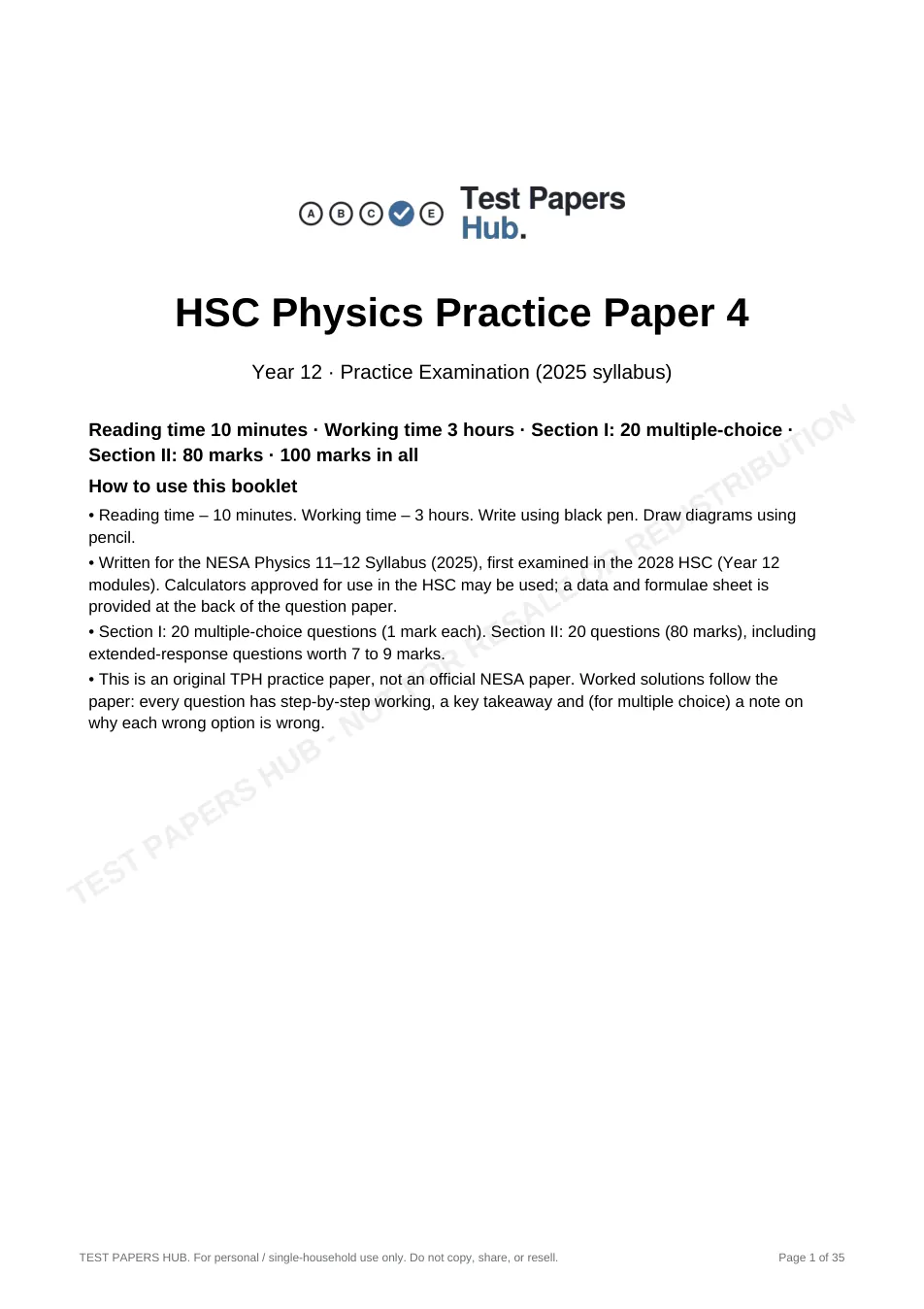 Cover page of HSC Physics Practice Paper 4
