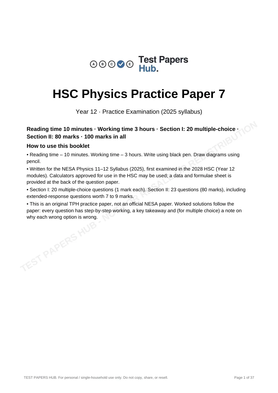 Cover page of HSC Physics Practice Paper 7