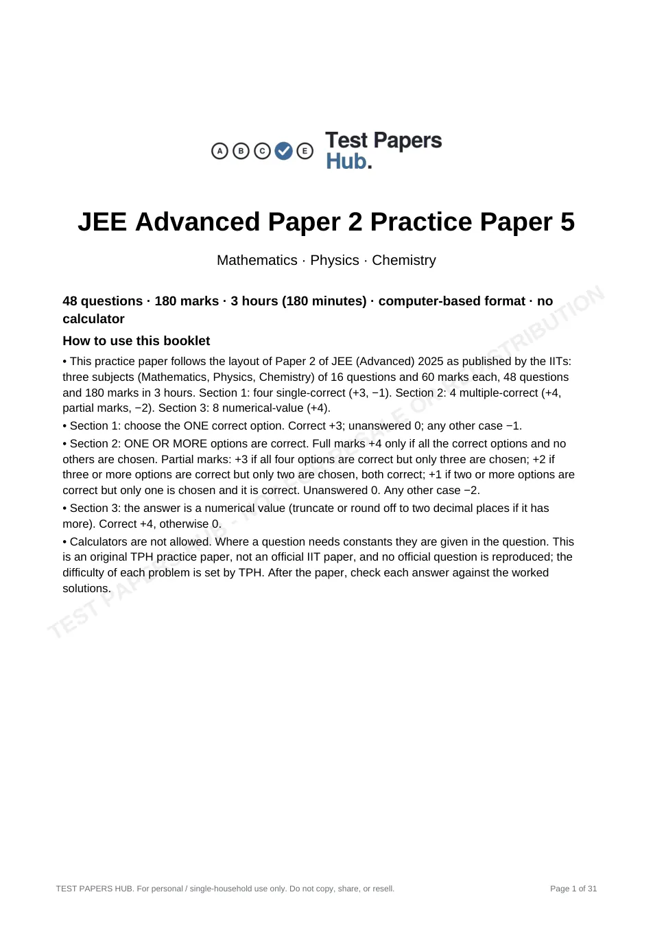 Cover page of JEE Advanced Paper 2 Practice Paper 5