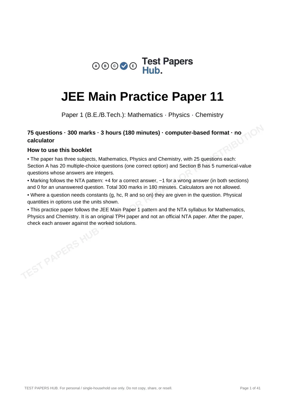 Cover page of JEE Main Practice Paper 11