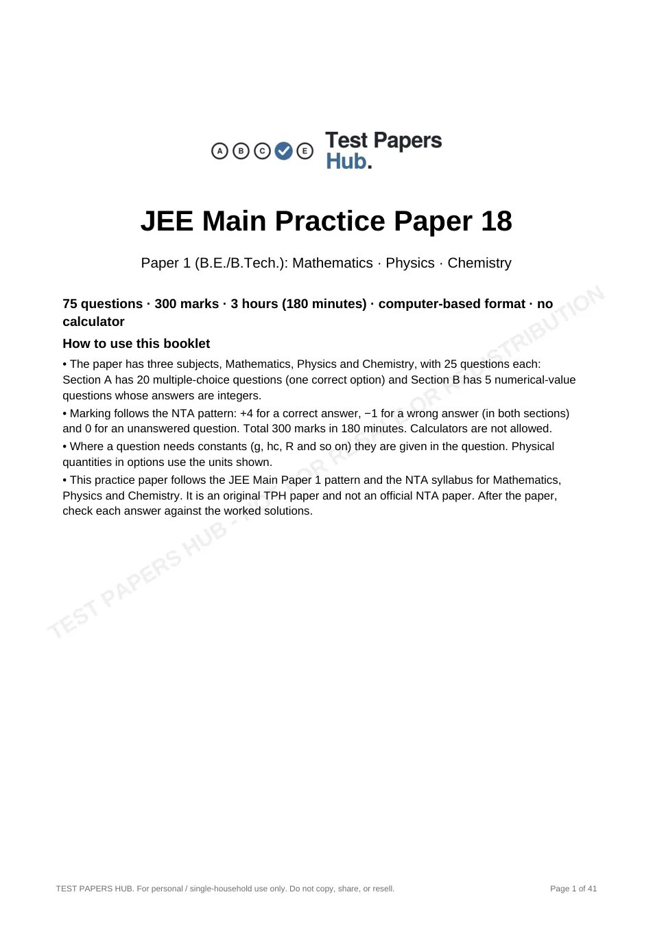 Cover page of JEE Main Practice Paper 18