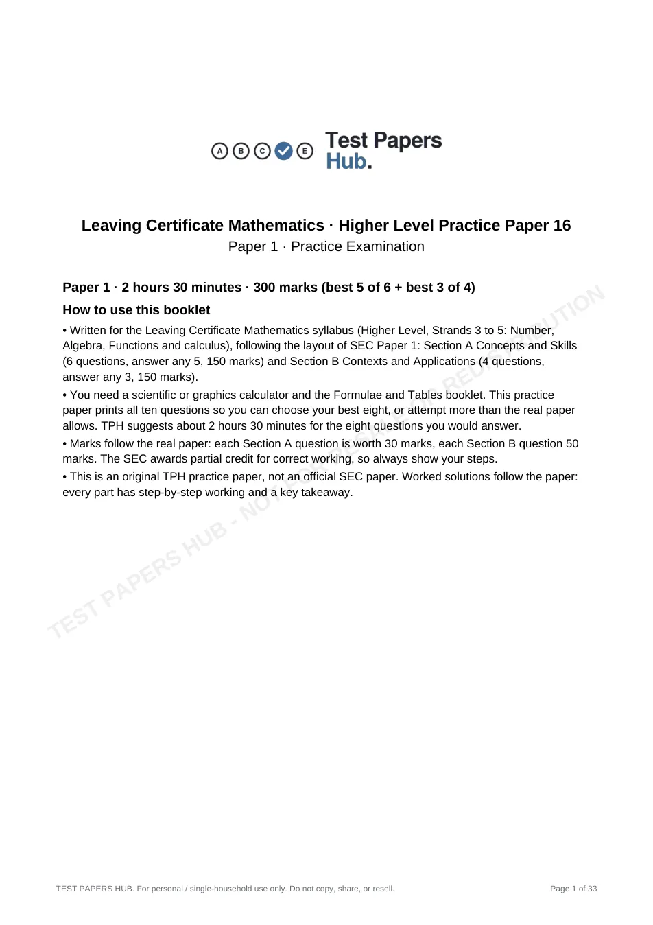 Cover page of Leaving Cert Mathematics Higher Paper 1 Practice Paper 16