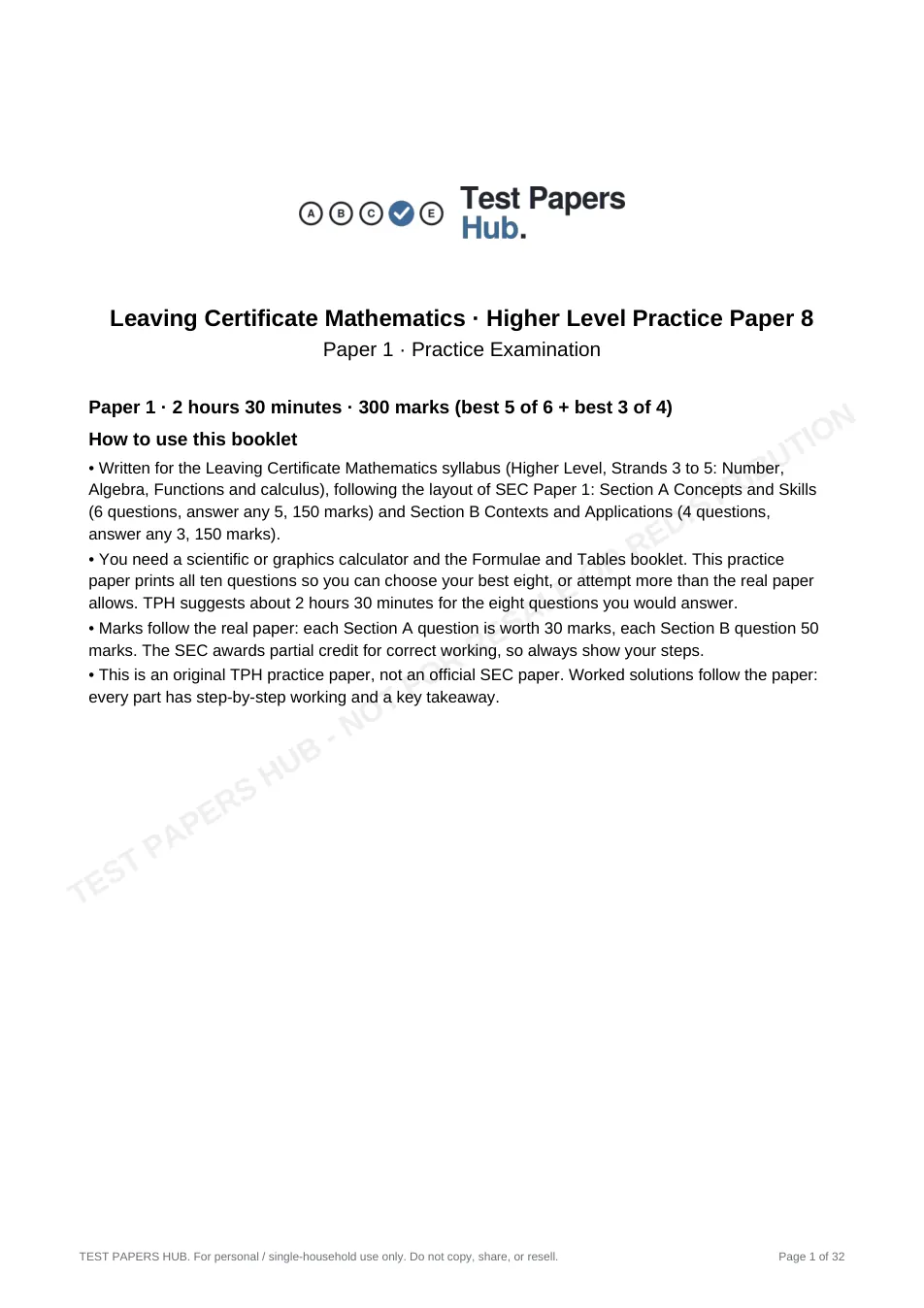Cover page of Leaving Cert Mathematics Higher Paper 1 Practice Paper 8