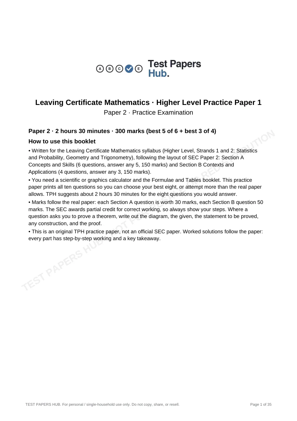 Cover page of Leaving Cert Mathematics Higher Paper 2 Practice Paper 1