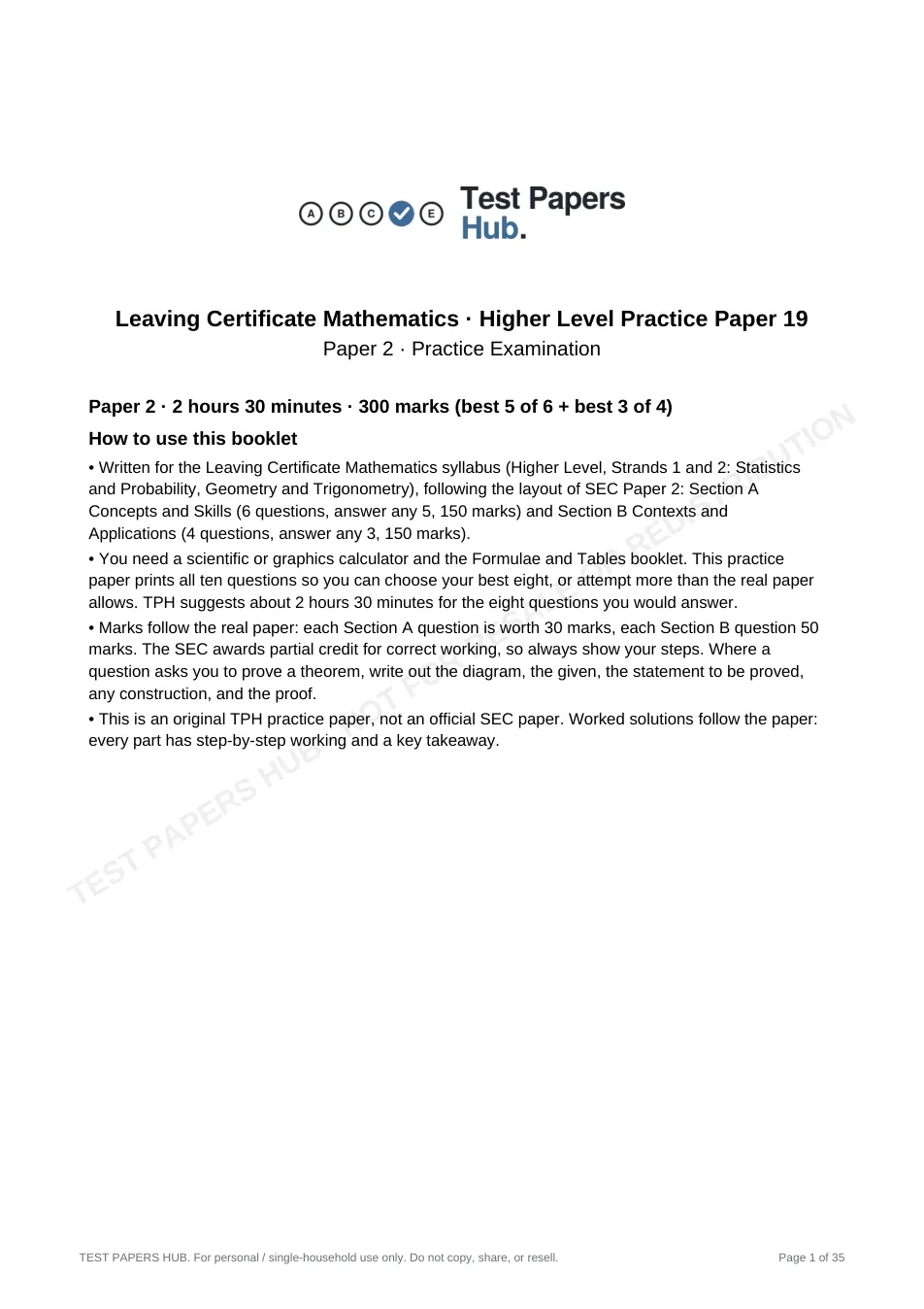 Cover page of Leaving Cert Mathematics Higher Paper 2 Practice Paper 19