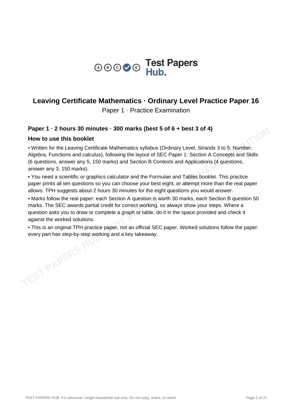 Cover page of Leaving Cert Mathematics Ordinary Paper 1 Practice Paper 16