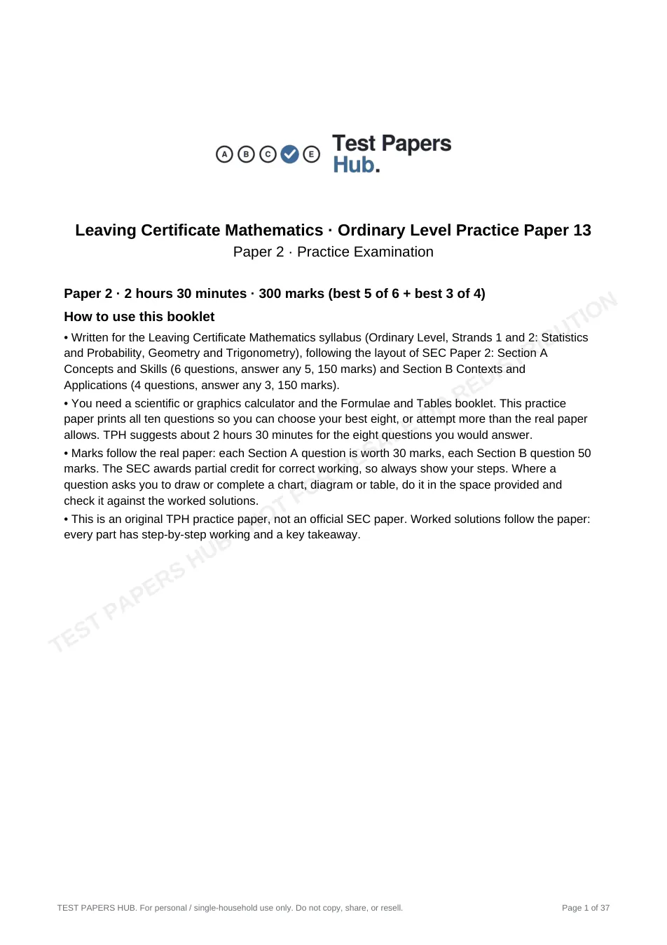 Cover page of Leaving Cert Mathematics Ordinary Paper 2 Practice Paper 13