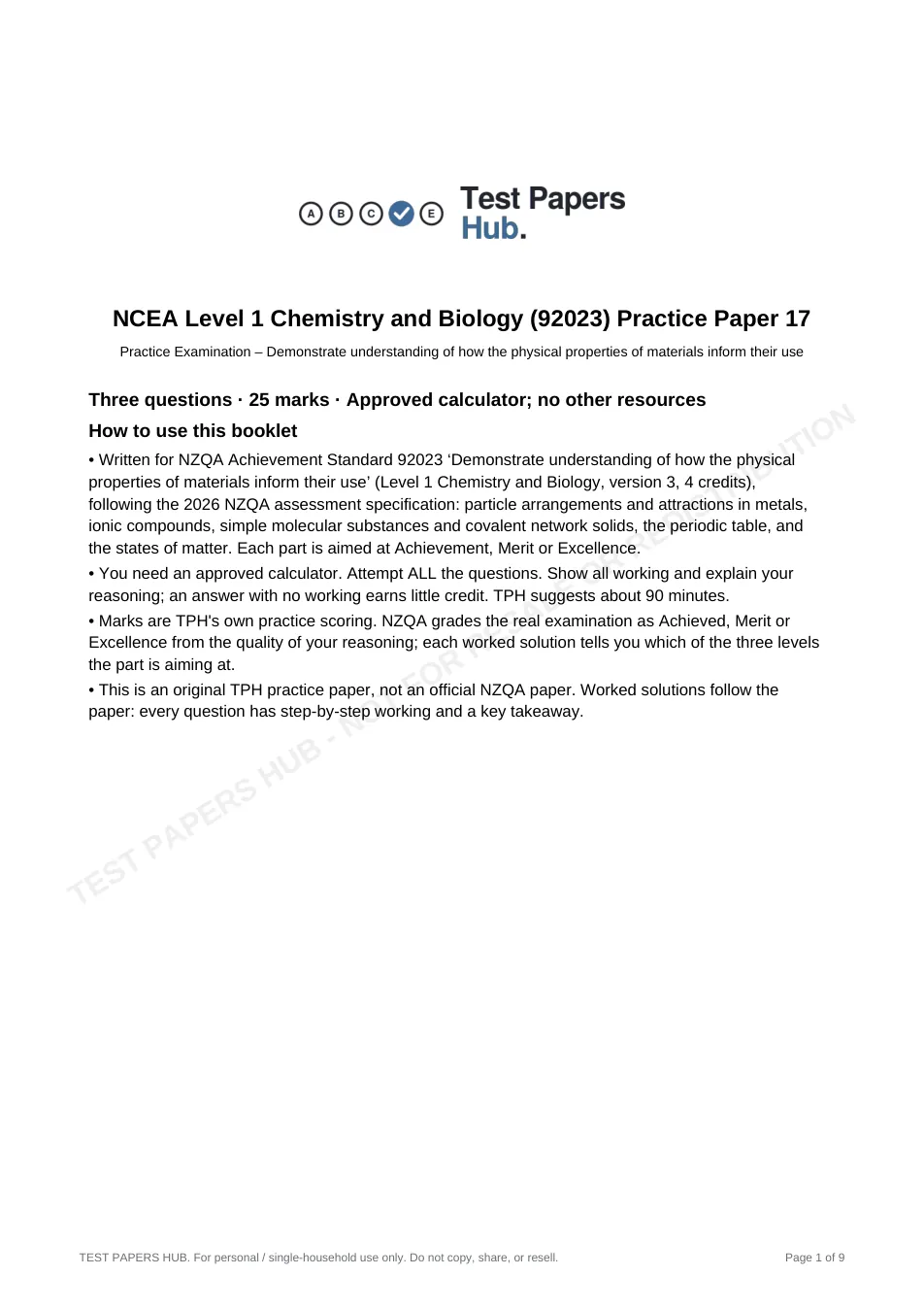 Cover page of NCEA Level 1 Chem and Bio 92023 Materials Practice Paper 17