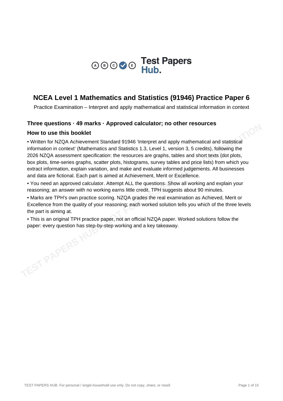 Cover page of NCEA Level 1 Mathematics 91946 Practice Paper 6