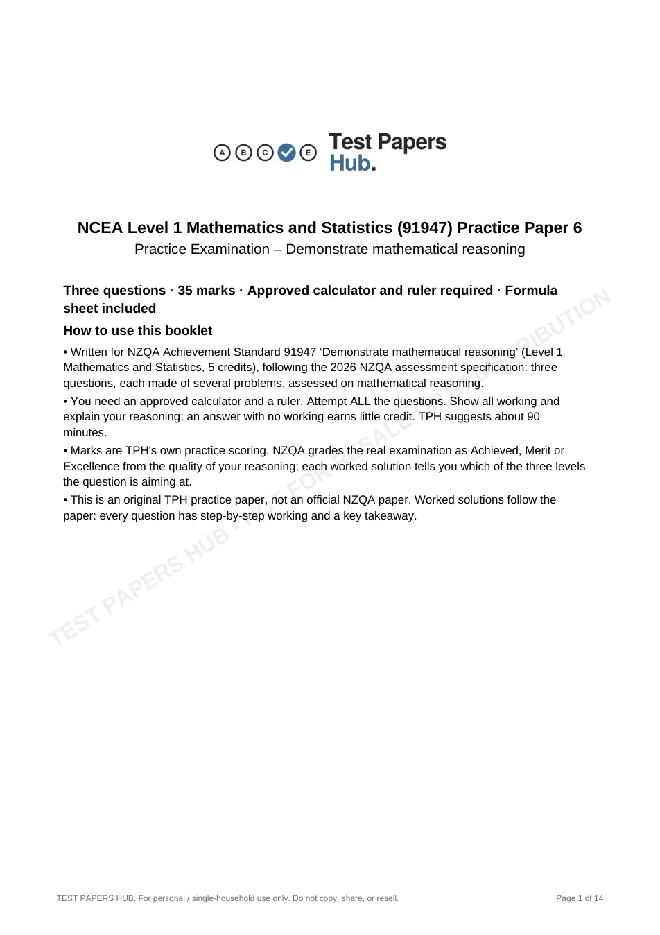 Cover page of NCEA Level 1 Mathematics 91947 Practice Paper 6