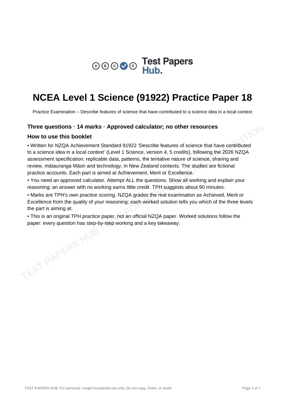 Cover page of NCEA Level 1 Science 91922 Practice Paper 18