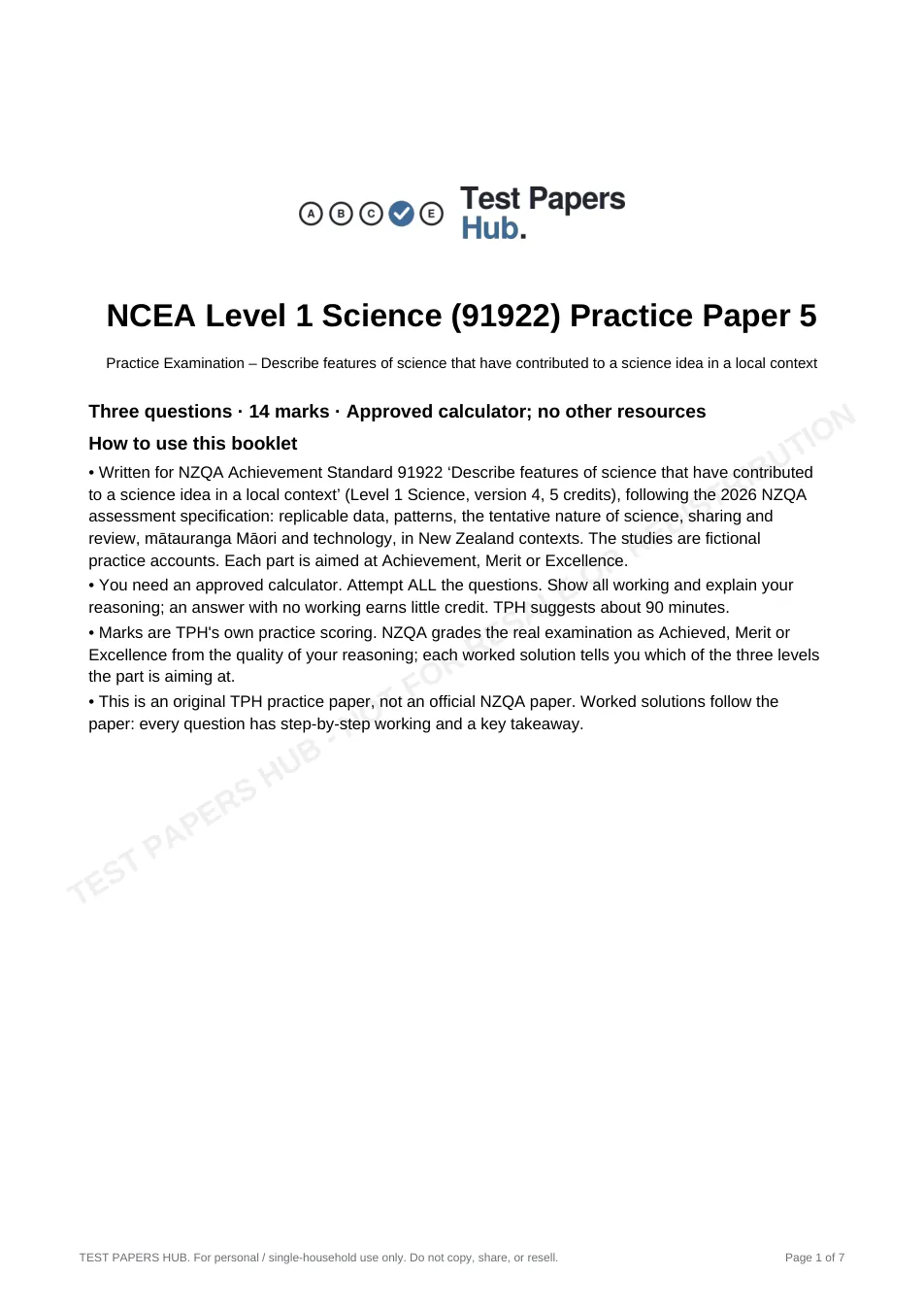 Cover page of NCEA Level 1 Science 91922 Practice Paper 5
