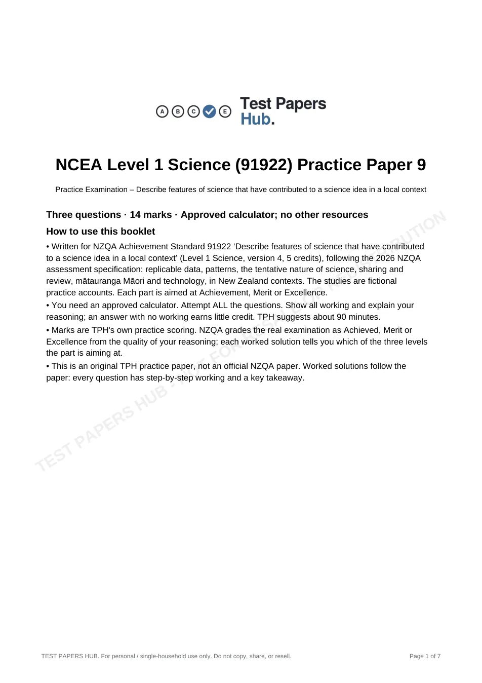 Cover page of NCEA Level 1 Science 91922 Practice Paper 9