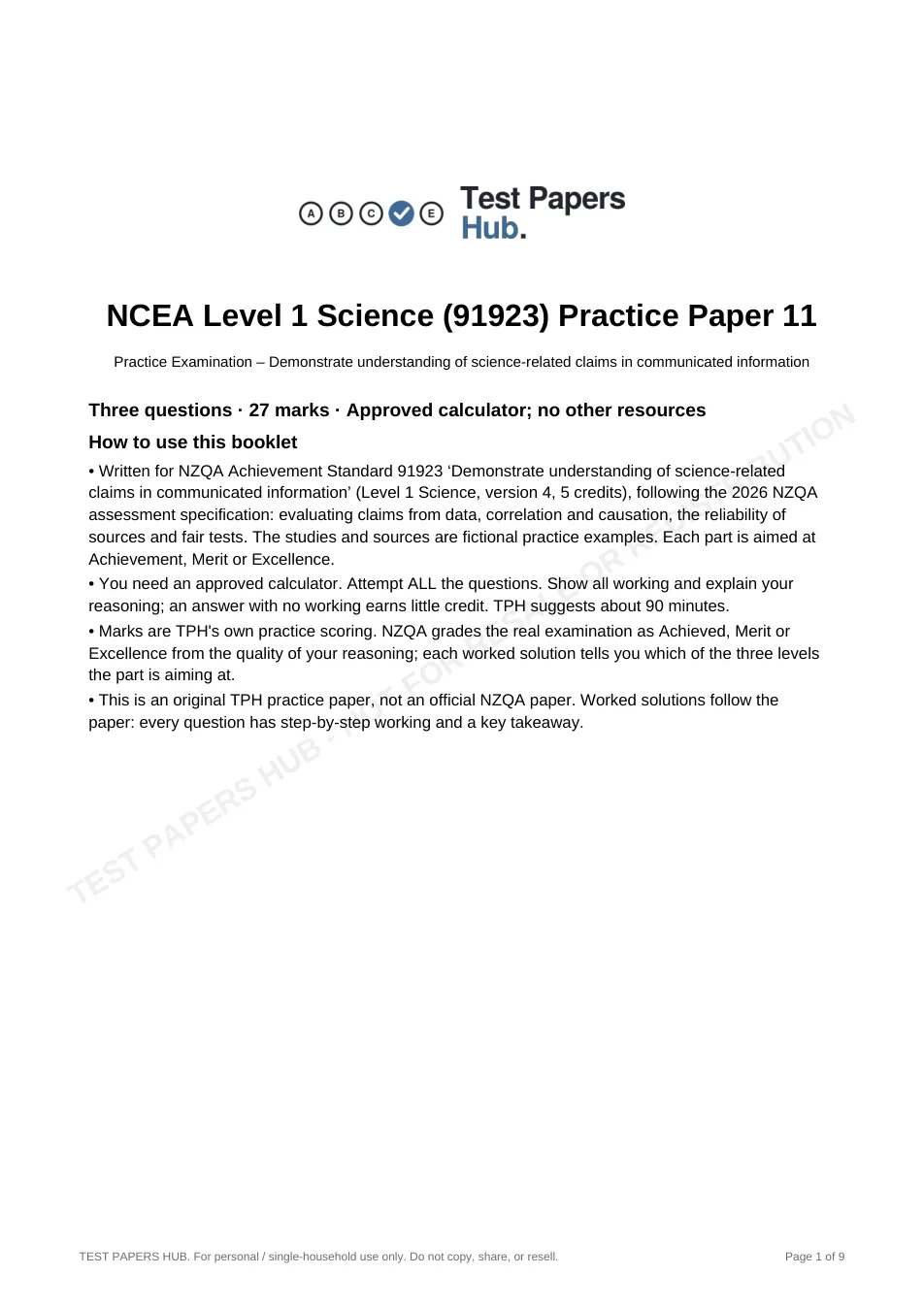 Cover page of NCEA Level 1 Science 91923 Practice Paper 11