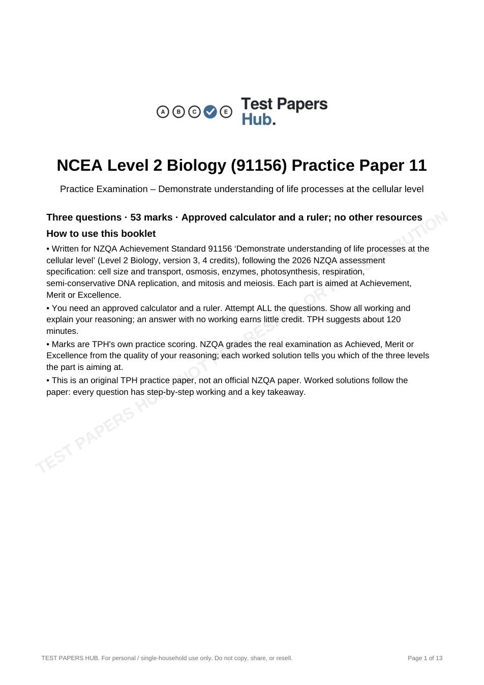 Cover page of NCEA Level 2 Biology 91156 Cells Practice Paper 11
