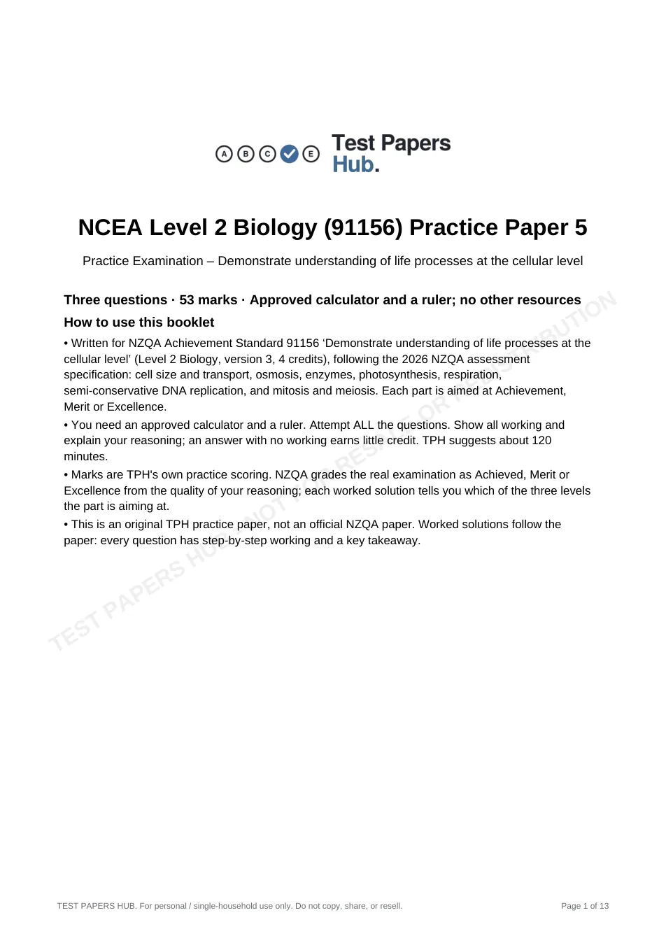 Cover page of NCEA Level 2 Biology 91156 Cells Practice Paper 5