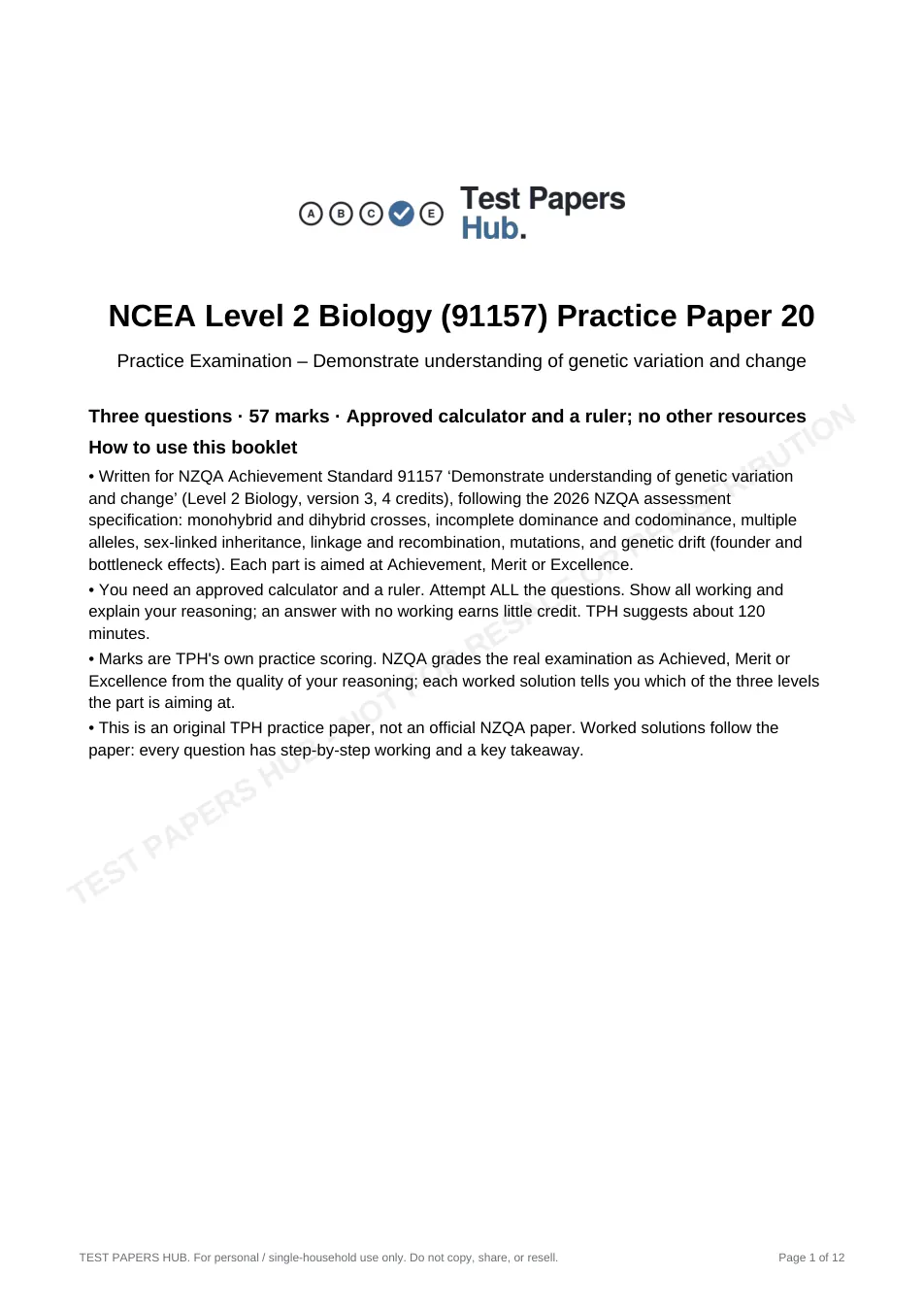 Cover page of NCEA Level 2 Biology 91157 Genetics Practice Paper 20