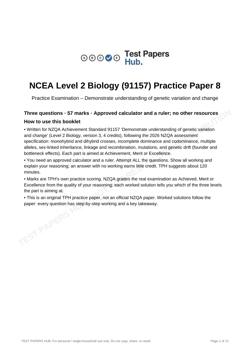 Cover page of NCEA Level 2 Biology 91157 Genetics Practice Paper 8