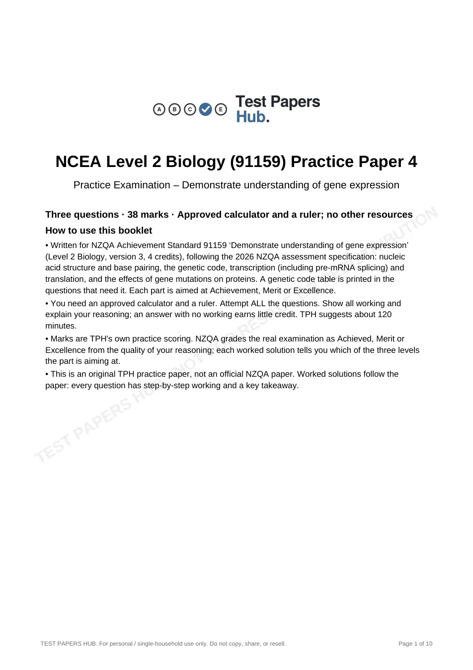 Cover page of NCEA Level 2 Biology 91159 Expression Practice Paper 4