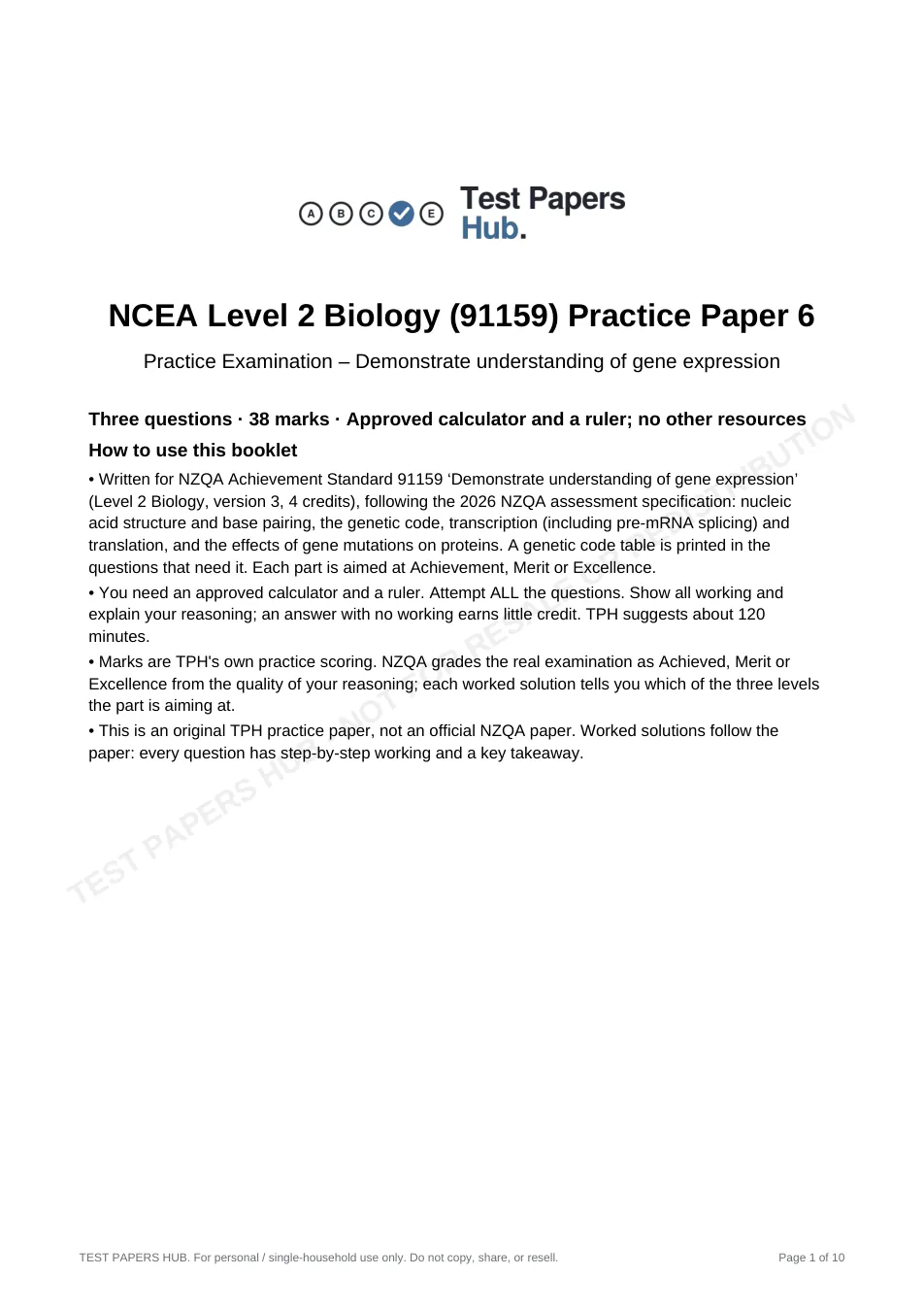 Cover page of NCEA Level 2 Biology 91159 Expression Practice Paper 6