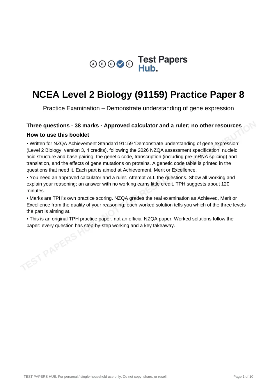 Cover page of NCEA Level 2 Biology 91159 Expression Practice Paper 8