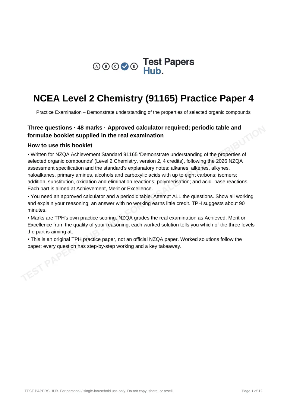 Cover page of NCEA Level 2 Chemistry 91165 Organic Practice Paper 4