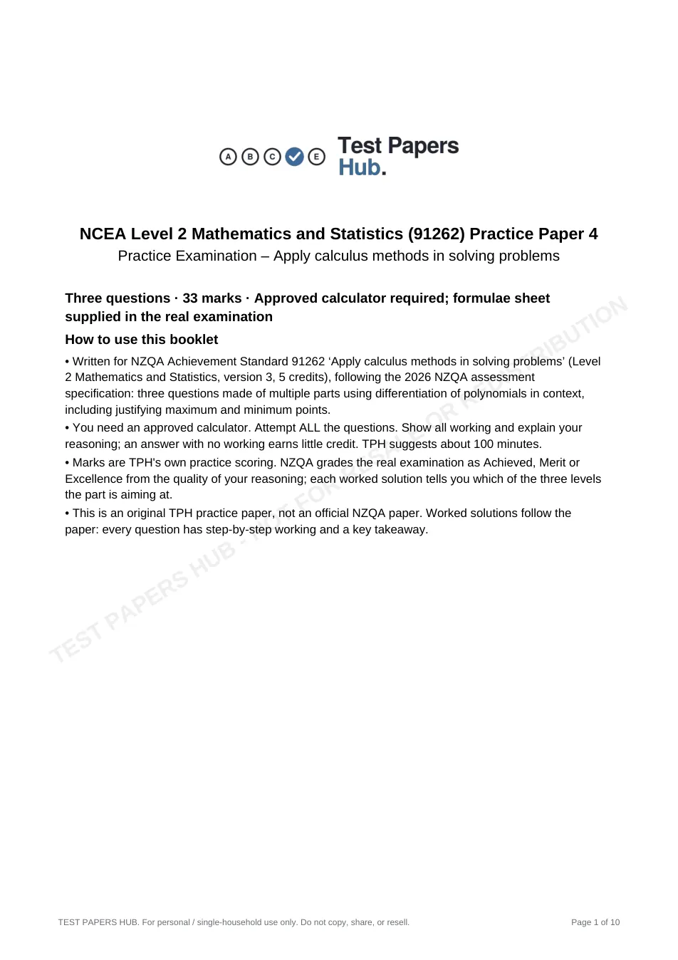 Cover page of NCEA Level 2 Mathematics 91262 Calculus Practice Paper 4