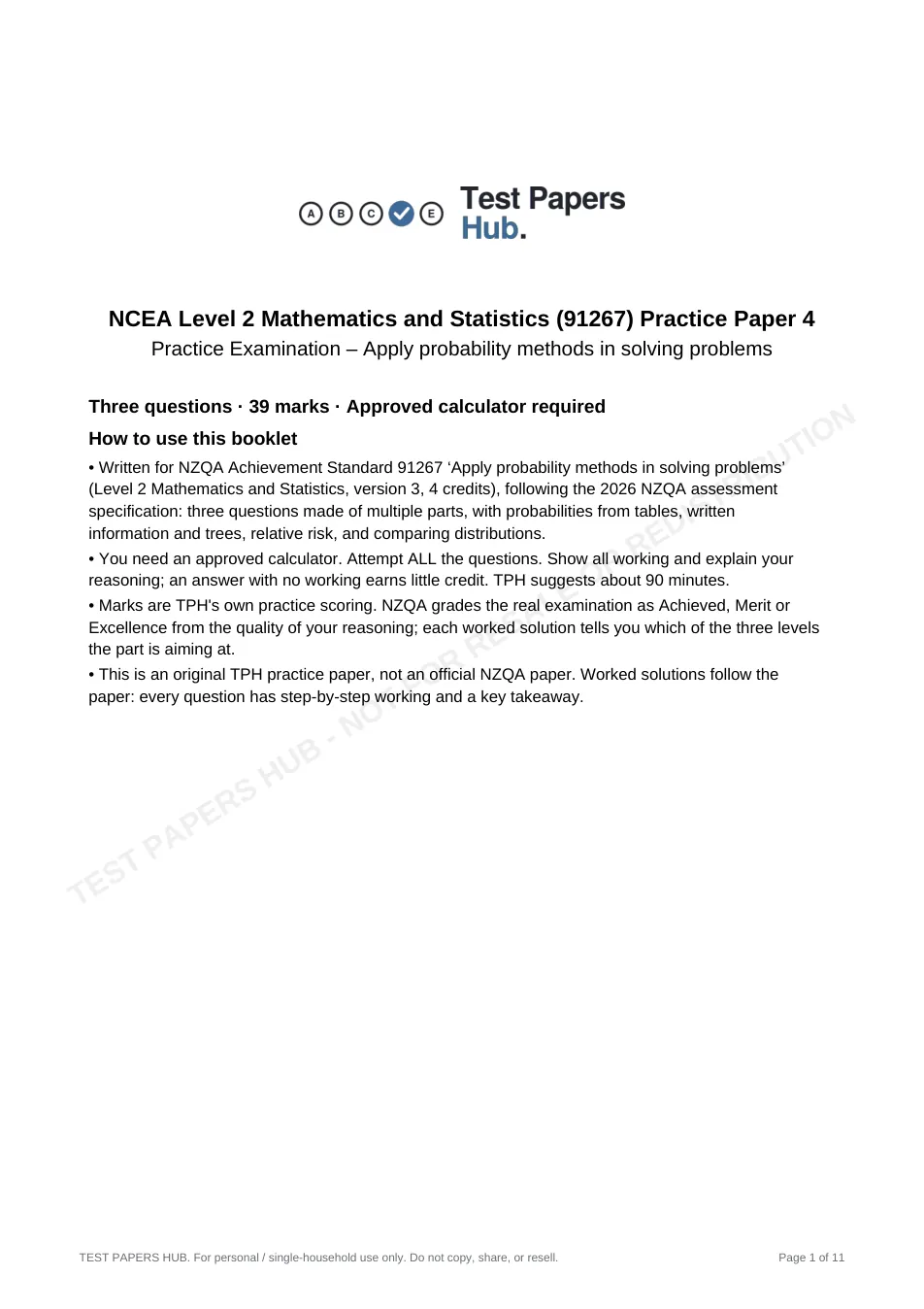 Cover page of NCEA Level 2 Mathematics 91267 Probability Practice Paper 4