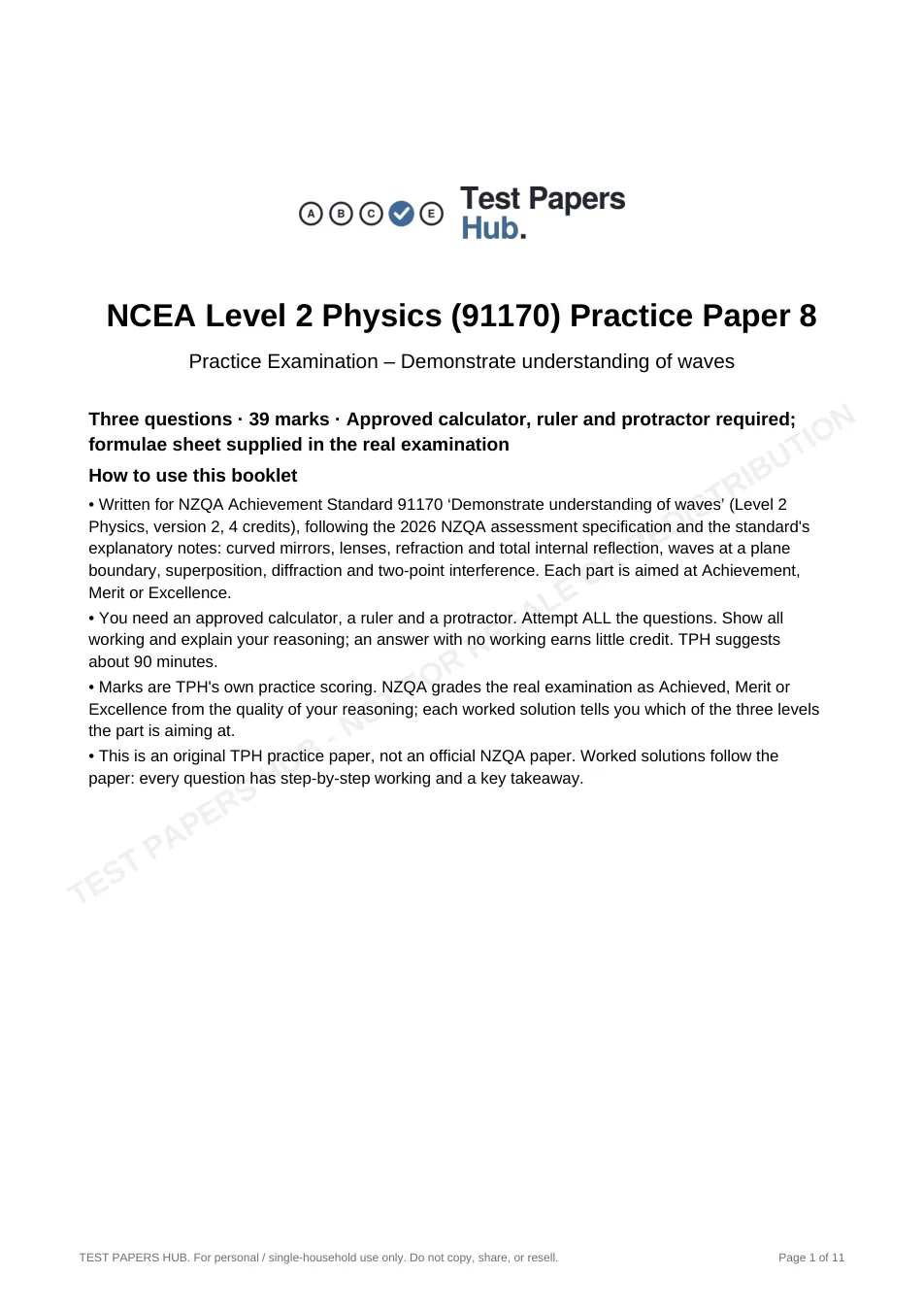 Cover page of NCEA Level 2 Physics 91170 Waves Practice Paper 8
