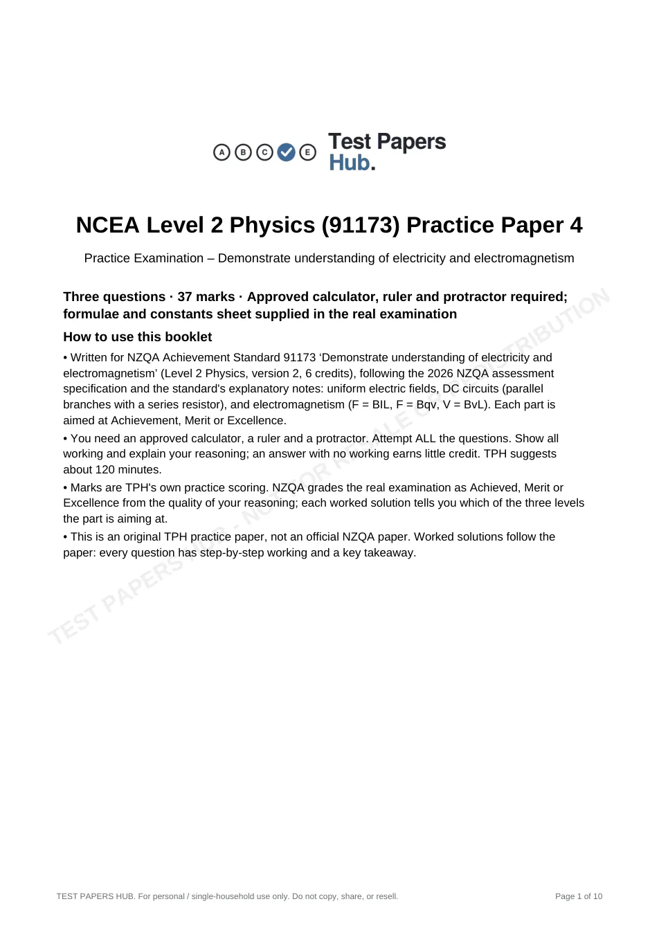 Cover page of NCEA Level 2 Physics 91173 Electricity Practice Paper 4
