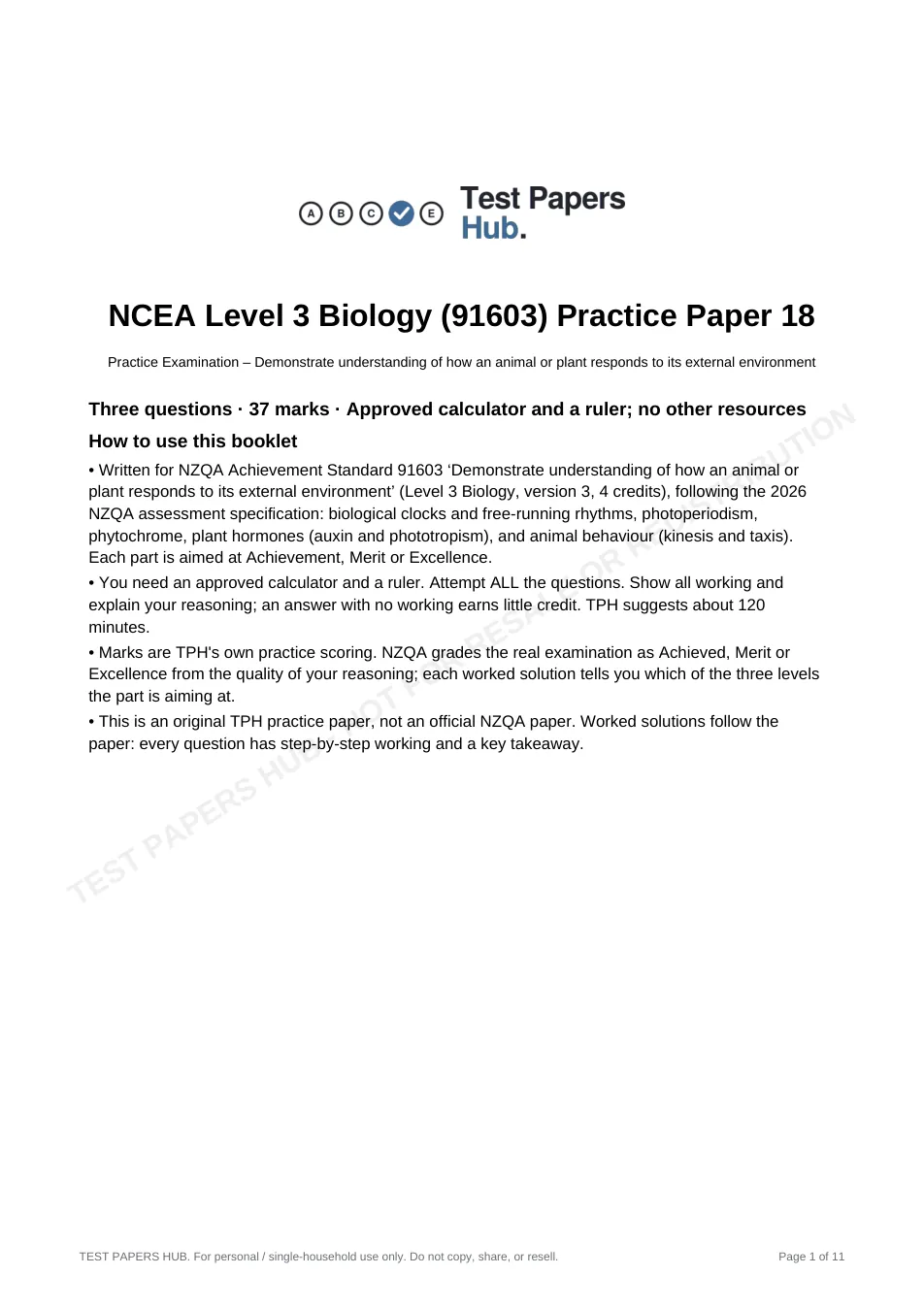Cover page of NCEA Level 3 Biology 91603 Responses Practice Paper 18