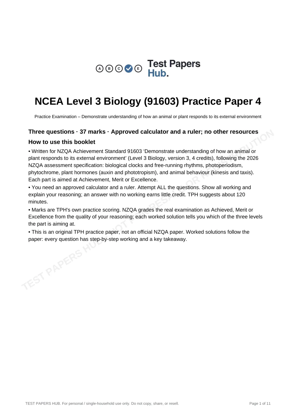 Cover page of NCEA Level 3 Biology 91603 Responses Practice Paper 4