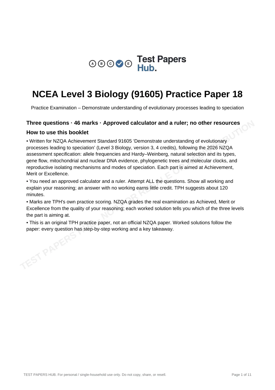 Cover page of NCEA Level 3 Biology 91605 Speciation Practice Paper 18
