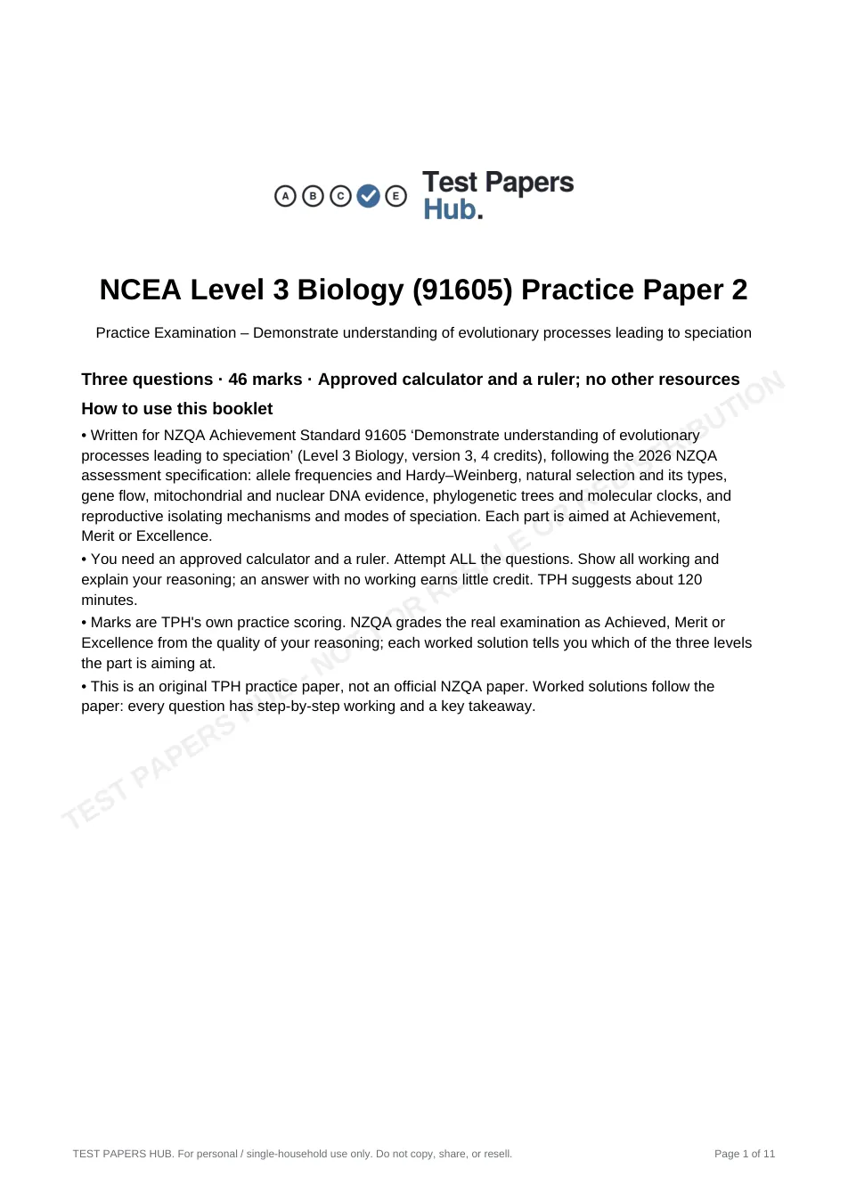 Cover page of NCEA Level 3 Biology 91605 Speciation Practice Paper 2