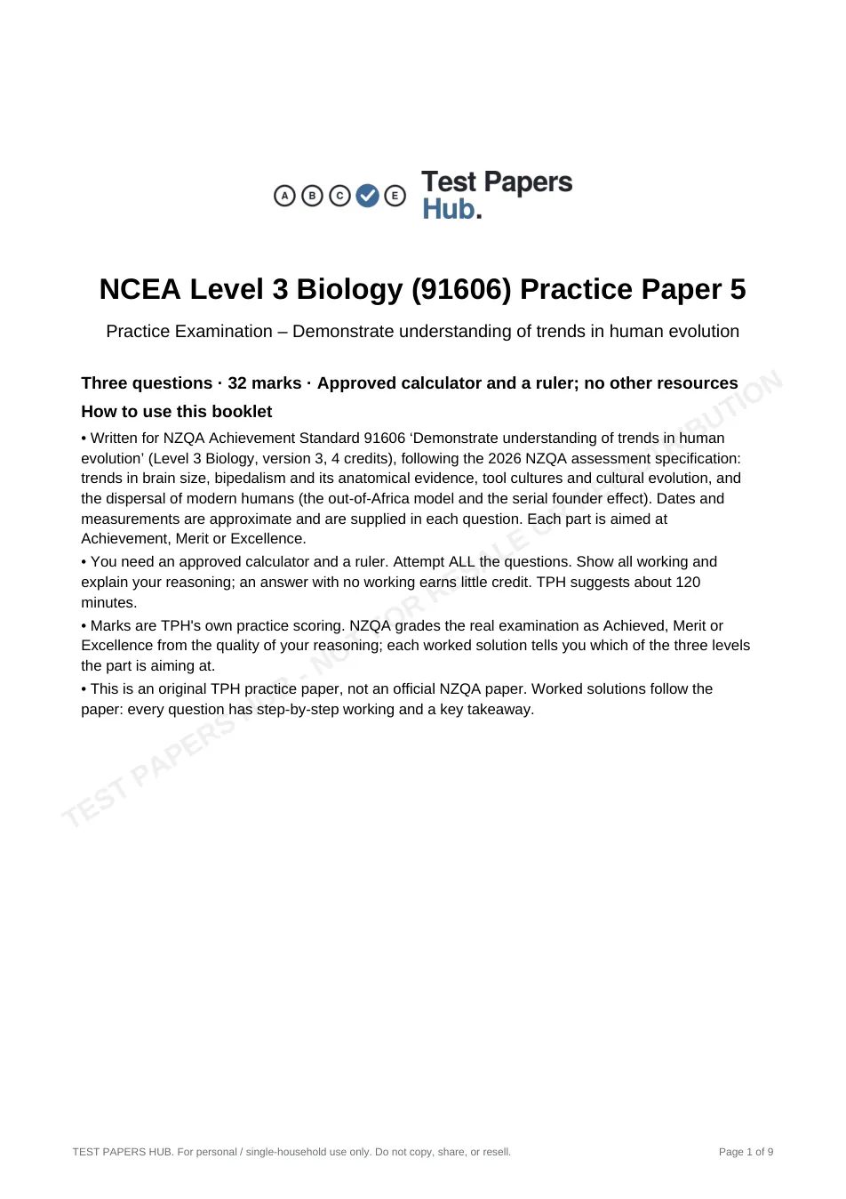 Cover page of NCEA Level 3 Biology 91606 Human Evolution Practice Paper 5