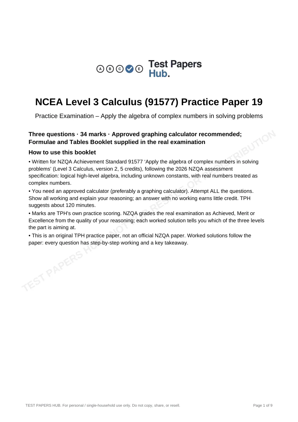 Cover page of NCEA Level 3 Calculus 91577 Complex Practice Paper 19